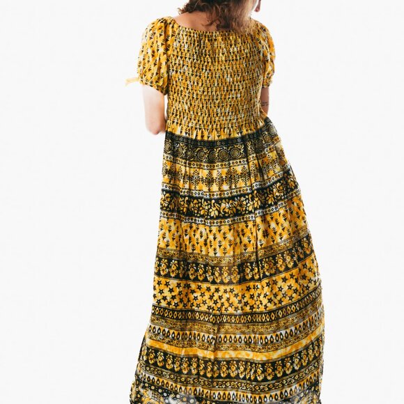 Yellow peasant maxi dress short sleeve off shoulder boho summer floral tie dye - Picture 3 of 6